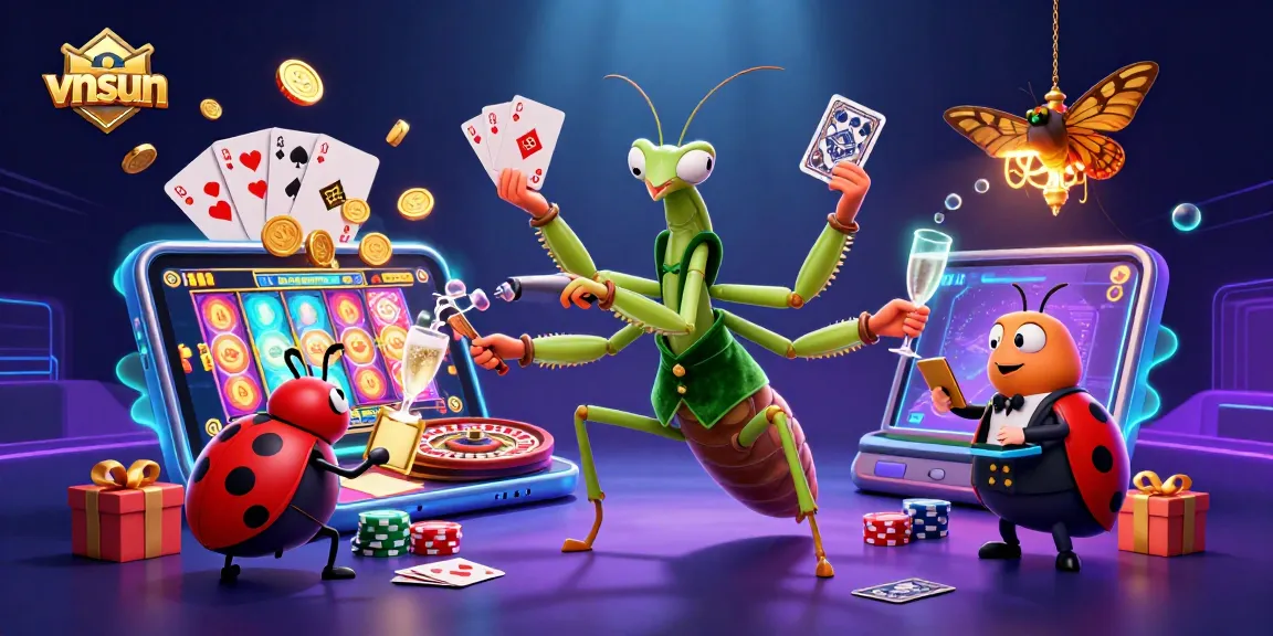 Engage in thrilling games at vnsun with dynamic illustration of a praying mantis card sharp and ladybug pit boss.