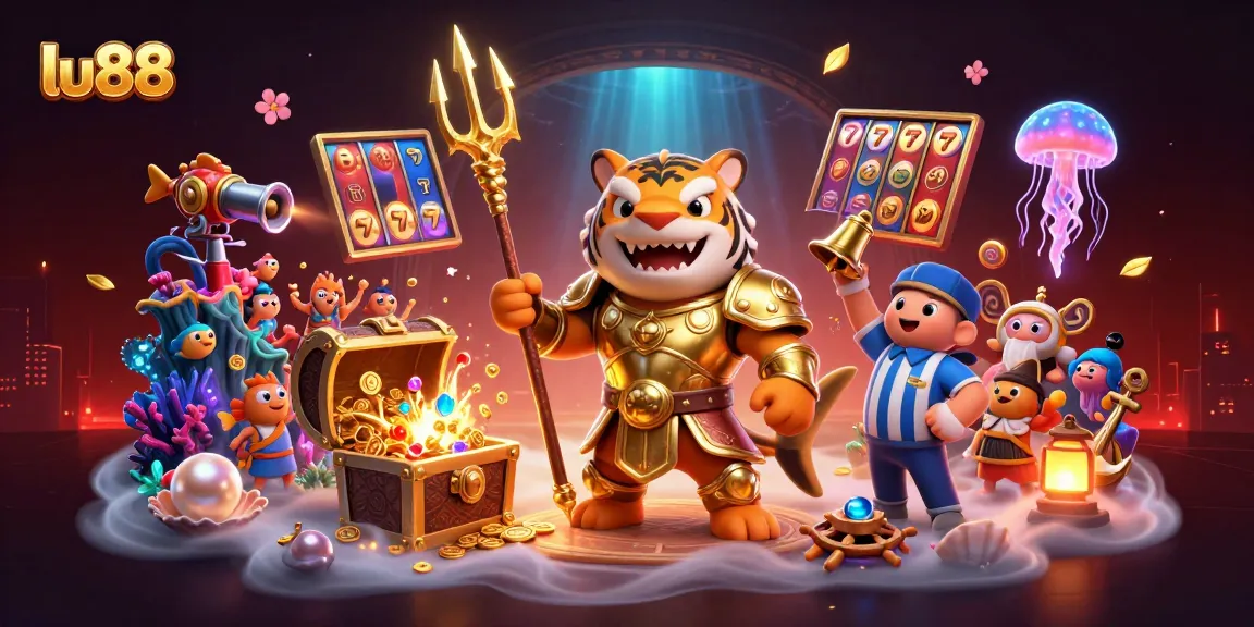 Engage in thrilling gameplay at lu88 with a golden shark gladiator leading the underwater casino arena.