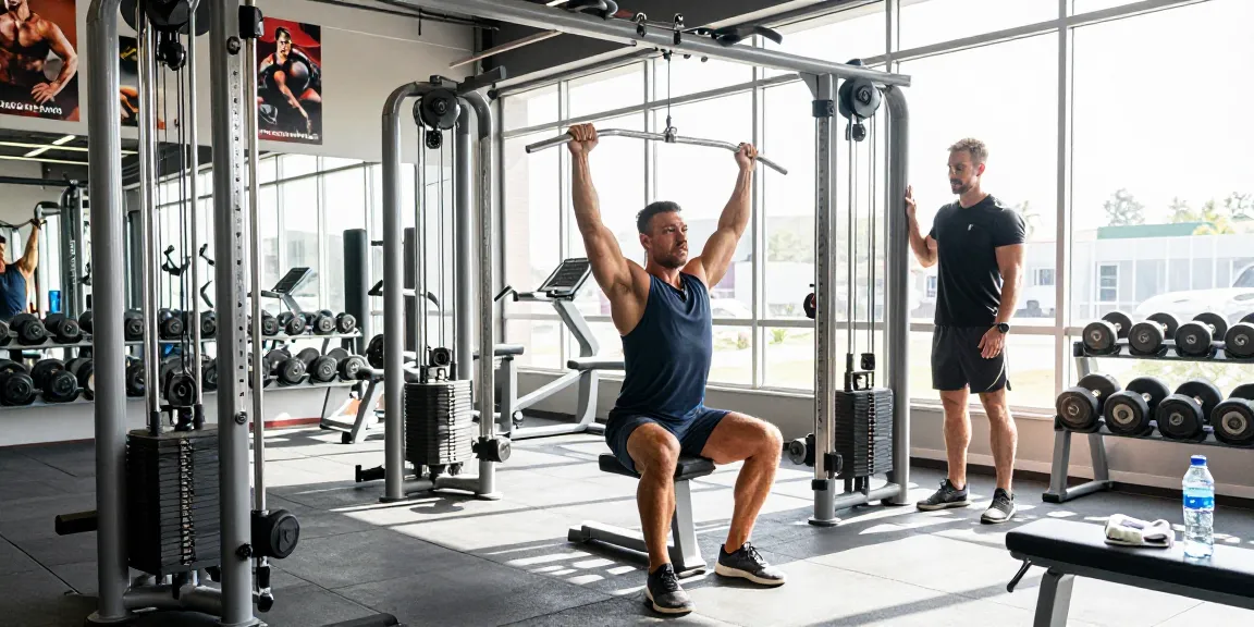 Bodybuilder performing a lat pulldown at Anabolika Shop referenced gym, highlighting fitness and strength training.