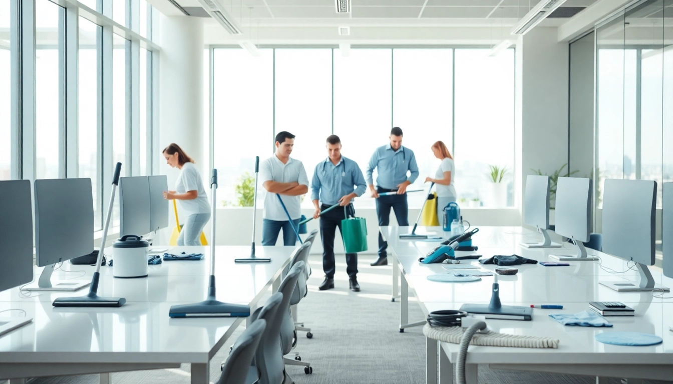 Professionelle Gebäudereinigung Ulm in Aktion in modernem Büro mit glänzenden Oberflächen.