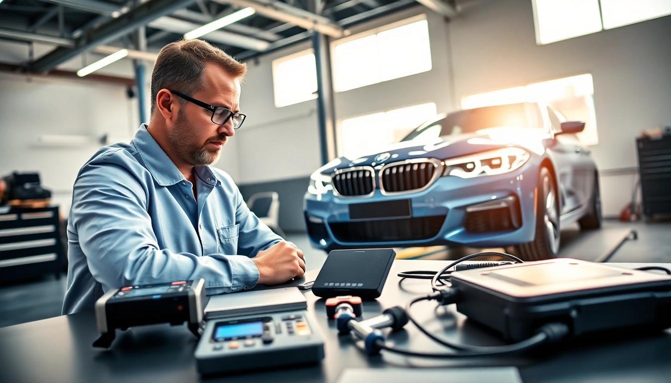 BMW Codierer arbeitet professionell an einem BMW in einer modernen Garage