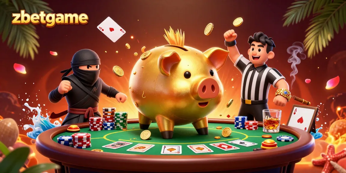 Engage with the zbetgame casino action featuring a golden piggy bank sumo wrestler and dynamic poker elements.