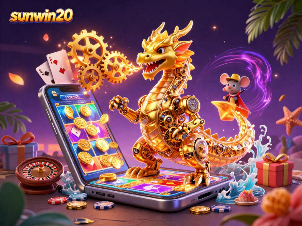Experience the thrill at sunwin20 with a vibrant scene of a golden dragon and gaming elements.