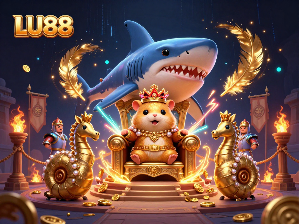 LU88's fierce hamster king reigns in a vibrant casino arena with colorful betting elements.