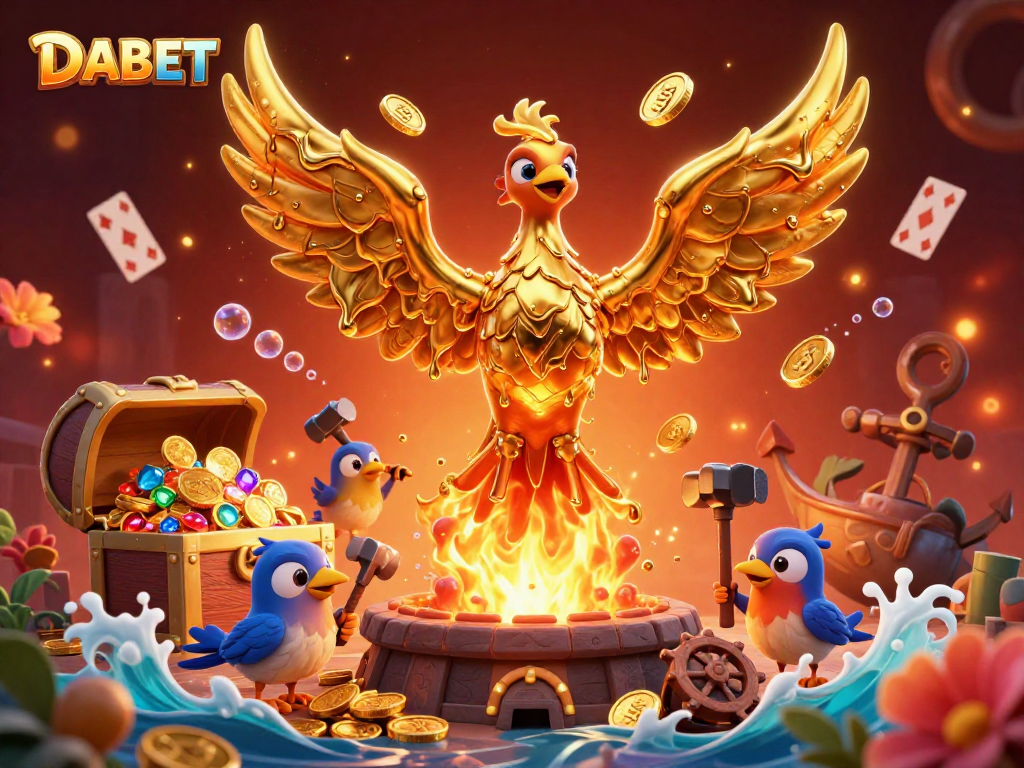 DABET showcases a molten golden phoenix and vibrant gaming elements in an engaging casino scene.