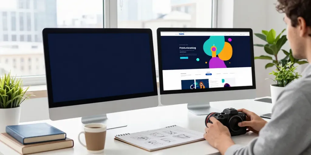 Webdesign Saarland: Designer bei der Arbeit mit Monitoren und kreativen Materialien