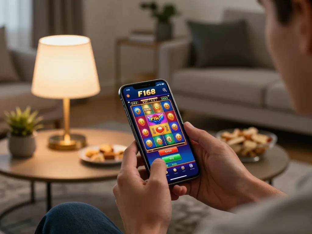 Player using the F168 mobile app for spinning the reels in a warm and inviting living room setting.