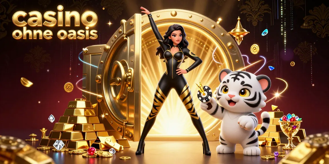 Engage in excitement at a casino ohne oasis featuring a captivating woman and playful tiger amidst gold and jewels.