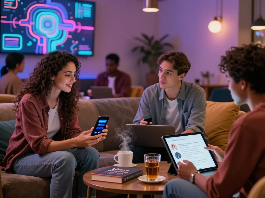Engaging scene of couples using sex AI chat technology in an intimate lounge environment.
