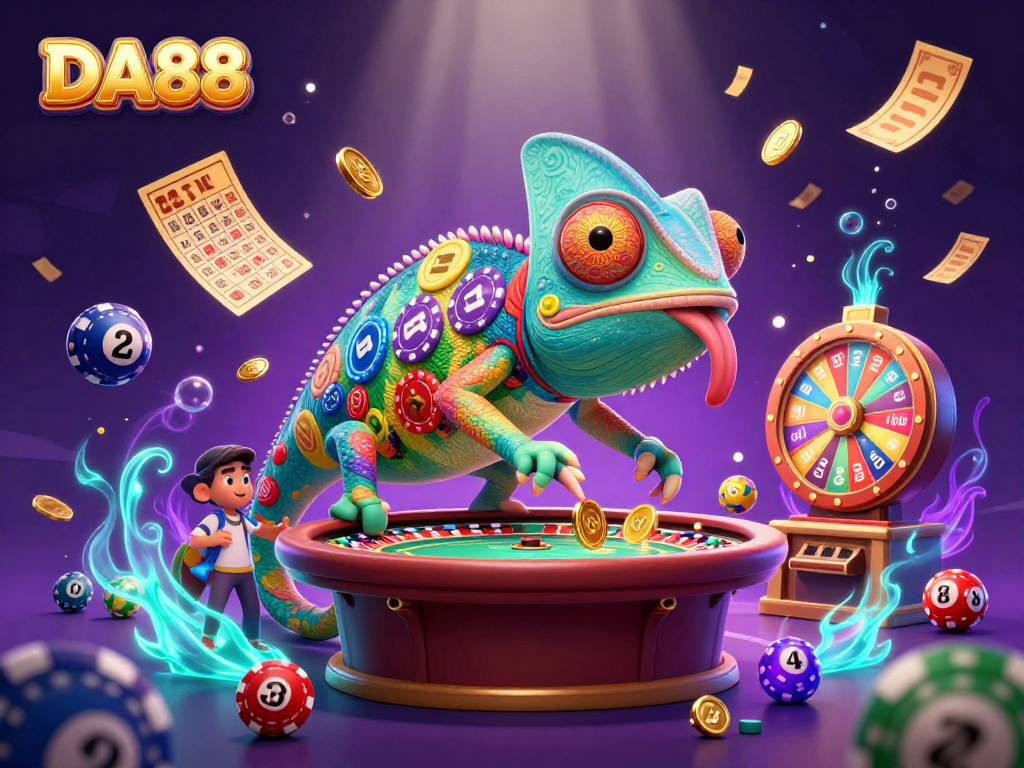 DA88 captures thrilling casino moments with a colorful chameleon and dynamic gaming elements.