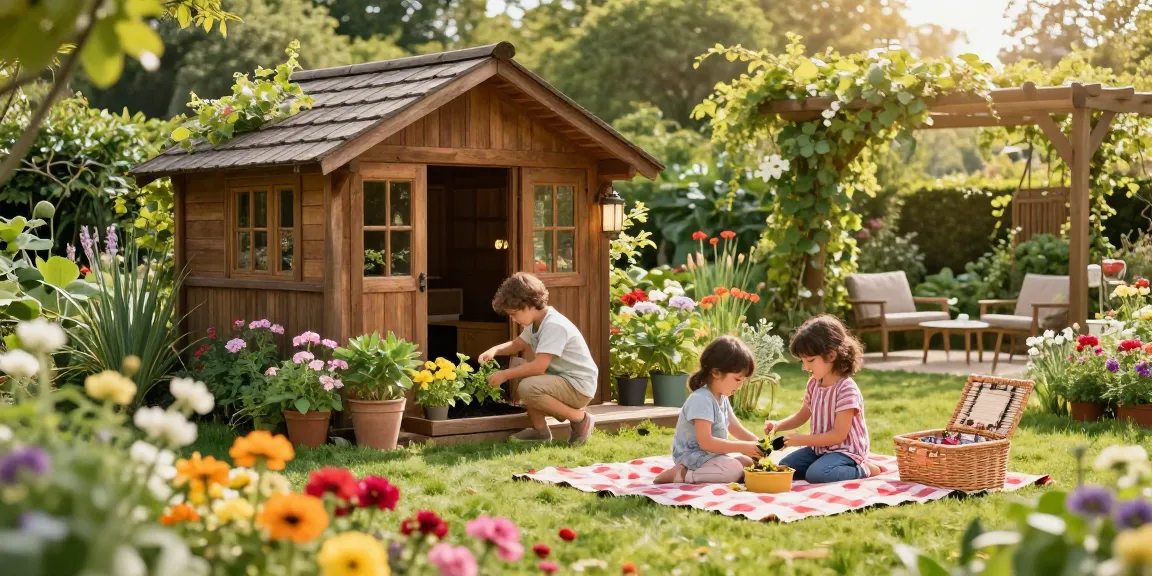Stilvolles Gartenhaus von McGarden24 umgeben von blühenden Pflanzen, ideal für Gartenfreunde und Familien. Gartenhäuser für jeden Bedarf!