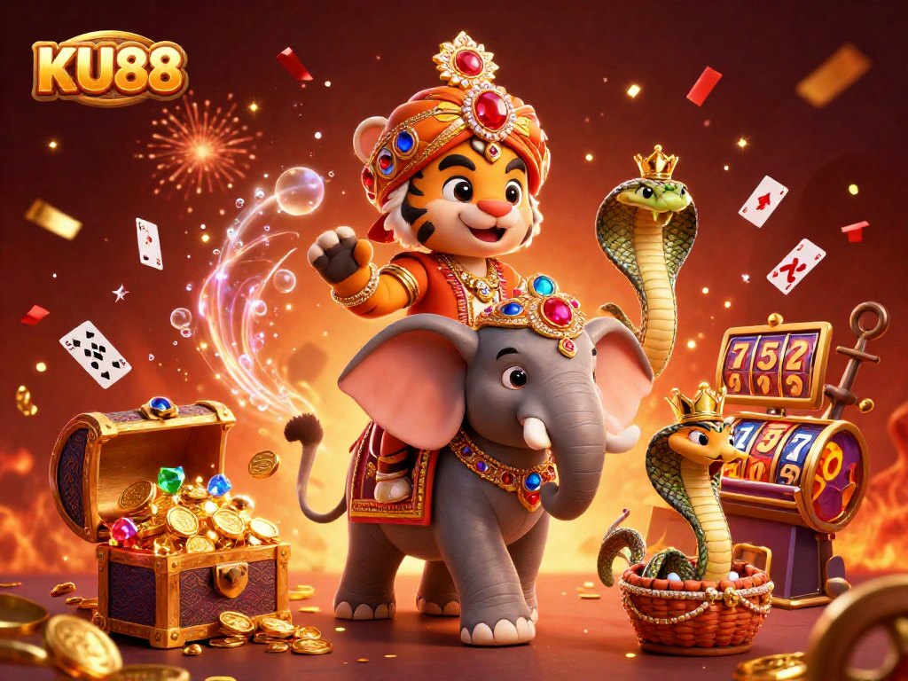 Experience the thrill of KU88 with a vibrant 3D scene featuring a majestic maharaja tiger, jewel-encrusted elephant, and casino elements.