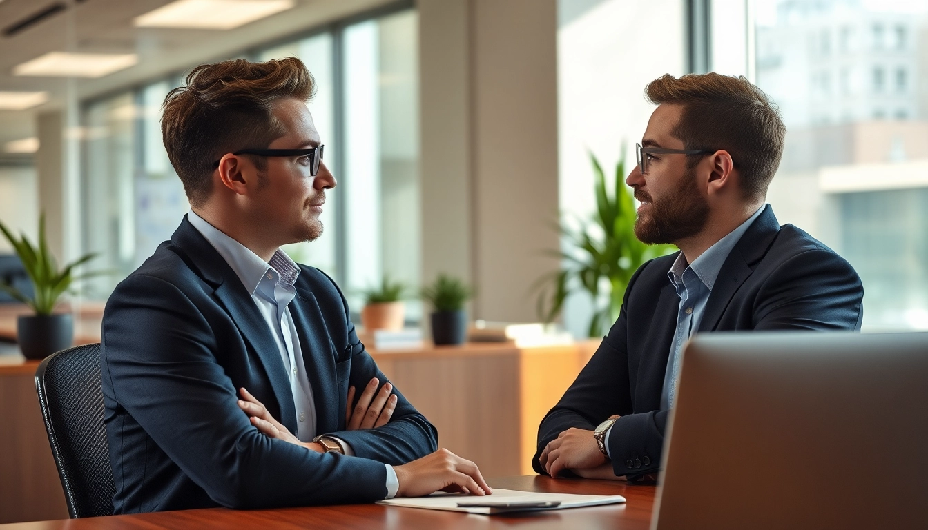 Headhunter führt ein informatives Gespräch mit einem Kandidaten in einem modernen Büro.