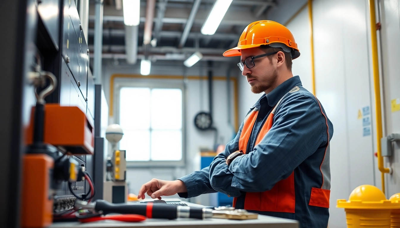 Technician conducting a DGUV V3 Prüfung in a workshop, ensuring electrical safety compliance through inspection.