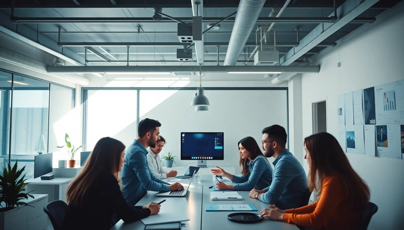 Team strategizing digital marketing solutions at SEO.my in a modern workspace.