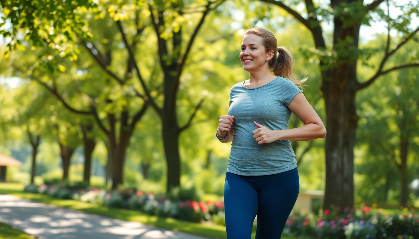 Aktives Joggen zur Förderung des Gewichtsverlusts in einer natürlichen Umgebung mit grünen Bäumen und Blumen.