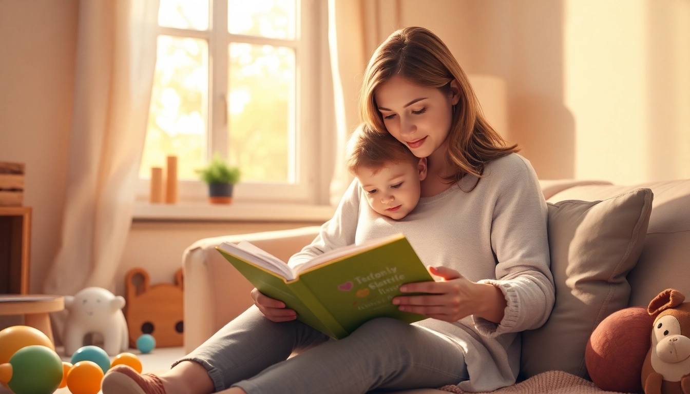 Einfühlsame Kindererziehung: Eine Mutter liest ihrem Kind in einem gemütlichen Raum vor.