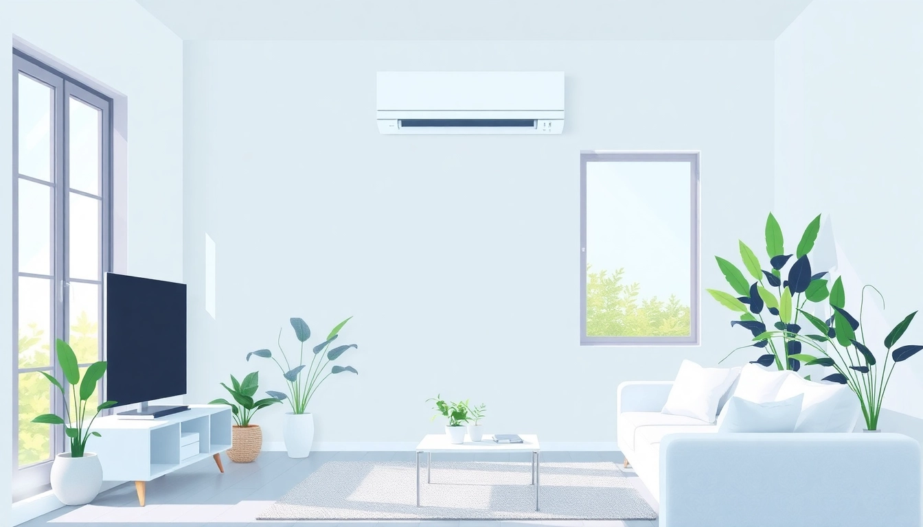 View of modern living room showcasing Klima kosten related air conditioning unit installation with sunlight and plants.