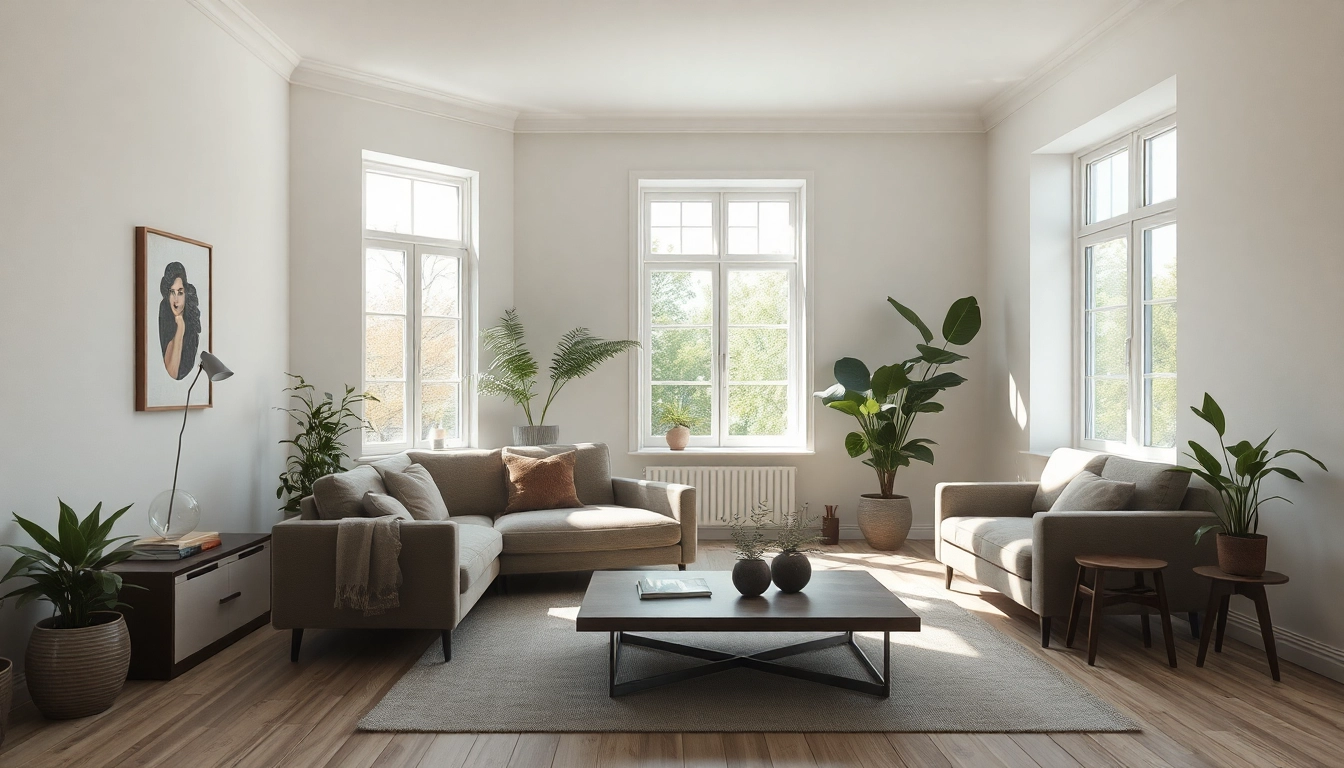 Modernes Wohnzimmer mit frischen Farben und Möbeln nach einer Hausrenovierung, das eine einladende Atmosphäre fördert.