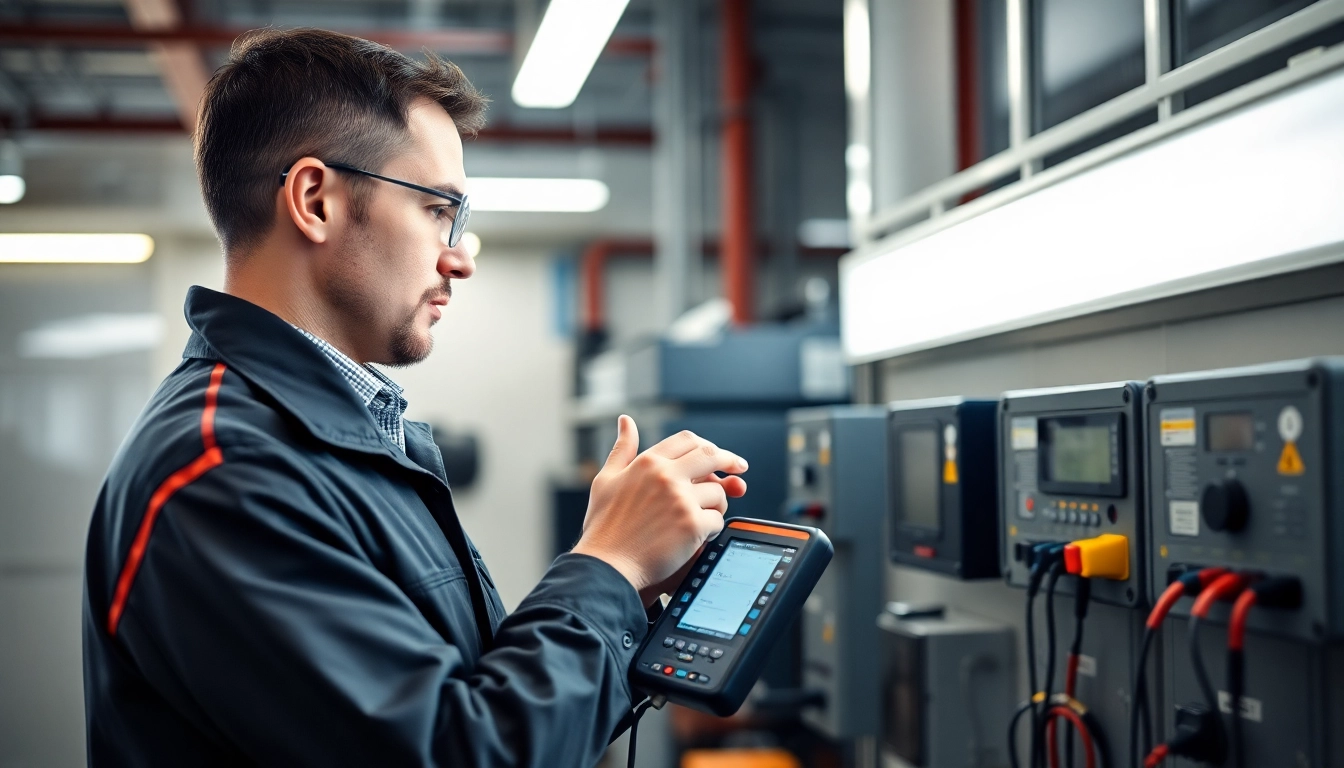 Professional conducting a DGUV V3 Prüfung with testing tools, ensuring workplace safety.