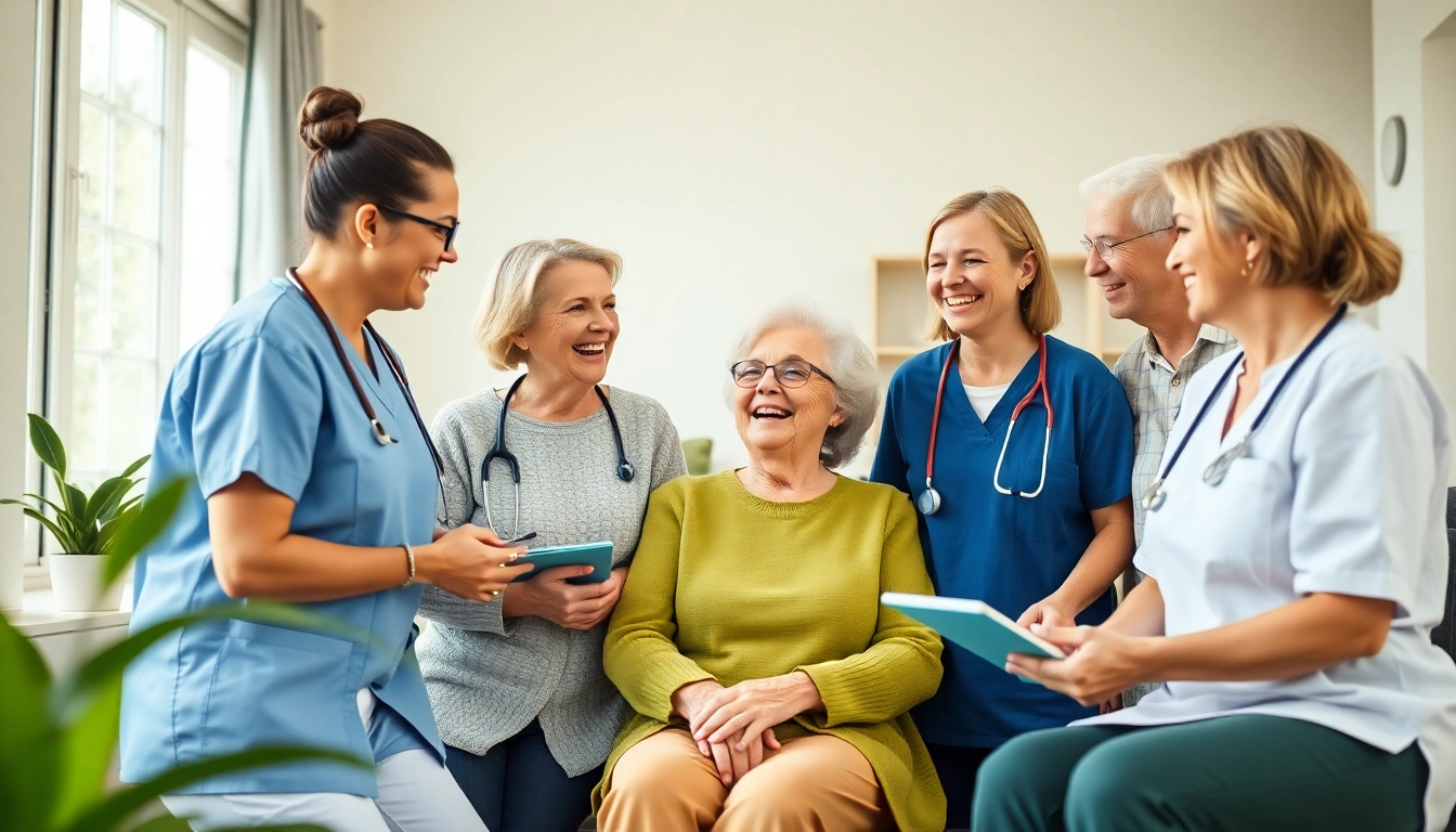 Experience marketing für pflegedienste with caregivers connecting warmly with elderly clients in a home-like setting.