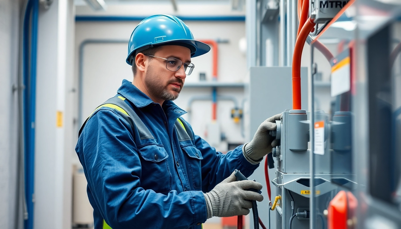 Worker performing DGUV V3 Prüfung on electrical equipment, ensuring safety compliance in a workshop.