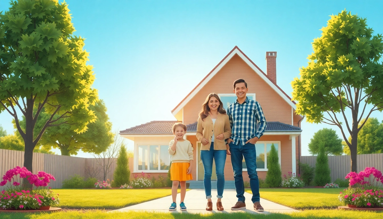 Eine glückliche Familie feiern ihren Hauskauf vor ihrem neuen Zuhause, umgeben von einem gepflegten Garten.