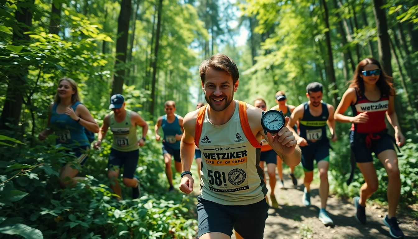 Discover participants racing through the forest at the Wetziker OL Challenge, showcasing dynamic movement and teamwork.