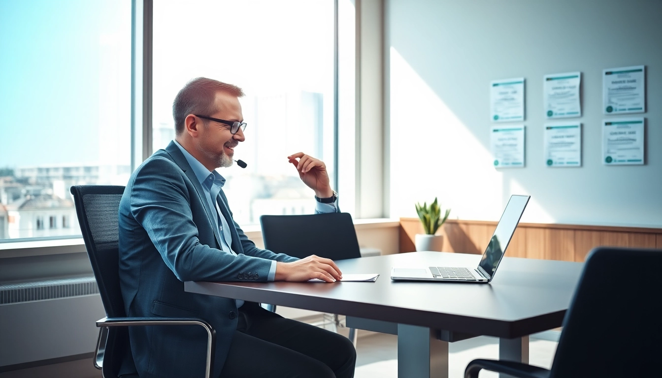 Professioneller Headhunter berät Kunden zur Personalvermittlung Außendienst in modernem Büro mit Laptop.