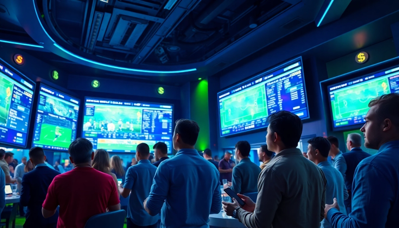 Experience the thrill of Crypto betting at a futuristic betting lounge filled with excitement and digital screens.