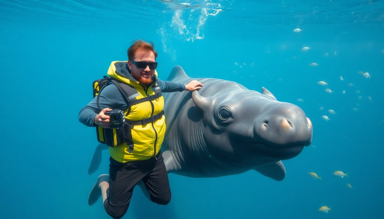Tauchen Bullenhaie: Ein Taucher schwimmt neben einem majestätischen Bullenhai in einer lebhaften Korallenriffumgebung.
