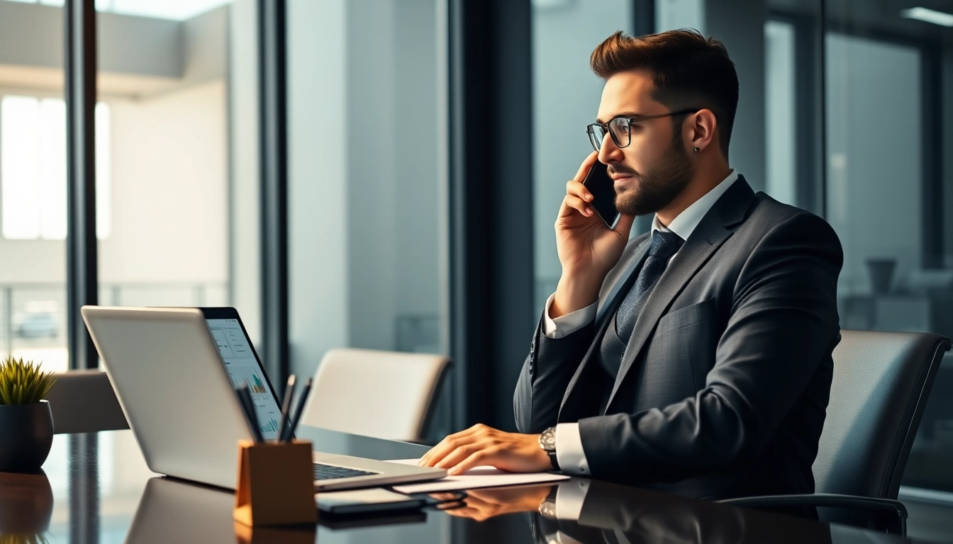 Der Headhunter Vertrieb in Aktion: Ein professioneller Berater kommuniziert am Telefon und analysiert Verkaufsdaten am Laptop.