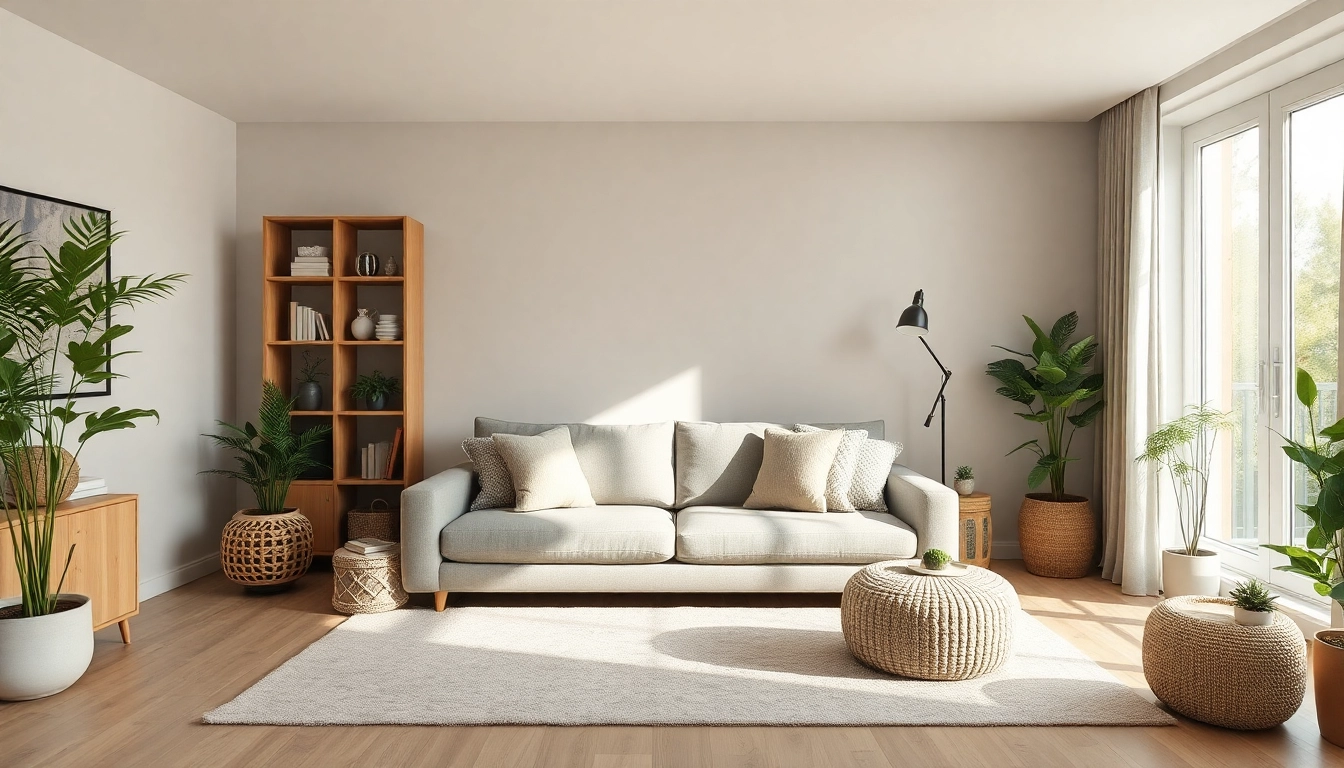 Modernen Raumgestaltungstil in skandinavischem Wohnzimmer mit gemütlichem Sofa und Pflanzen darstellen.