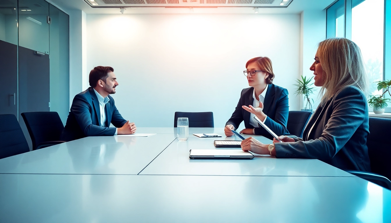 Professionelle Diskussion über Personalvermittlung in modernem Büro mit diversifizierten Fachleuten.