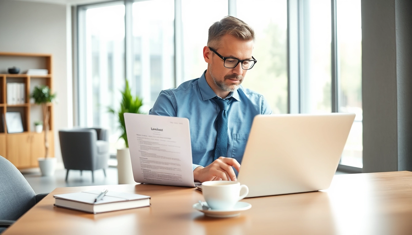 Headhunter Leverkusen betrachtet konzentriert Lebenslauf auf Laptop in modernem Büro.