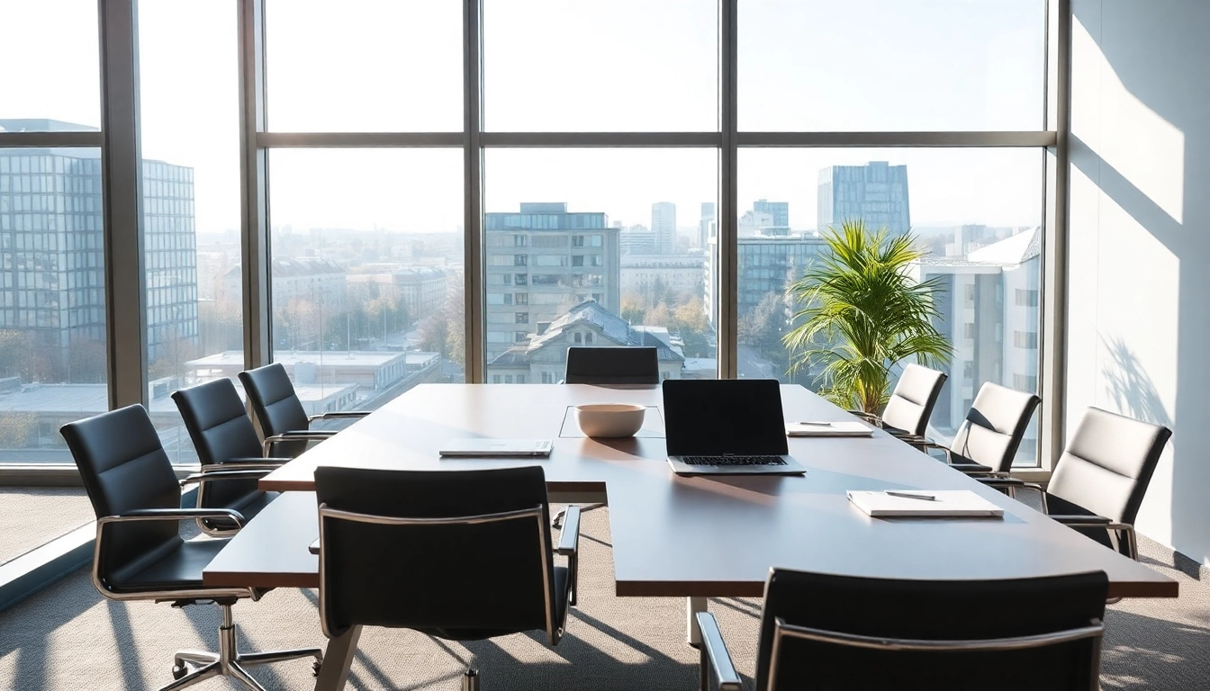 Professionelles Büro von Headhunter Krefeld mit elegantem Konferenztisch und Stadtblick.