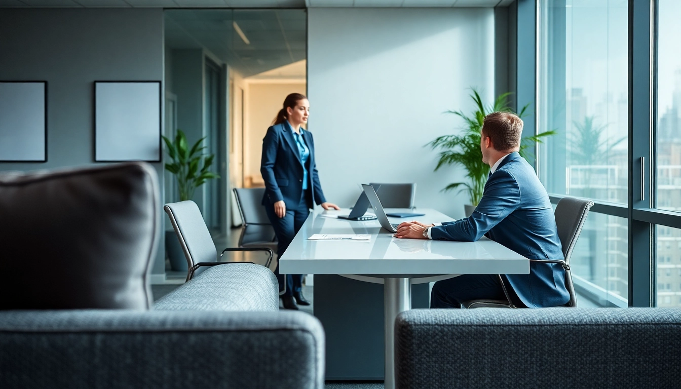 Engaging interaction between a Headhunter Düsseldorf and a candidate in a professional office setting.