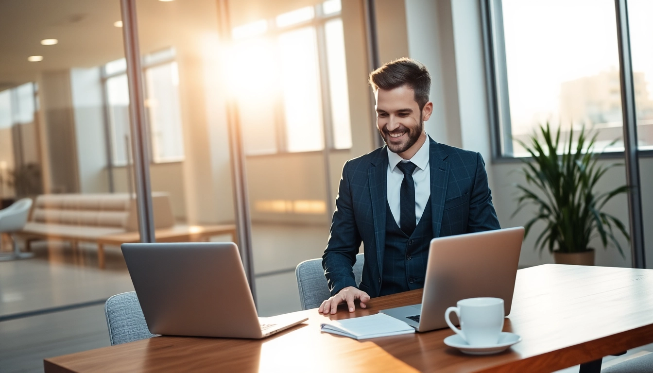 Headhunter im modernen Büro bewertet Kandidaten an einem Laptop.
