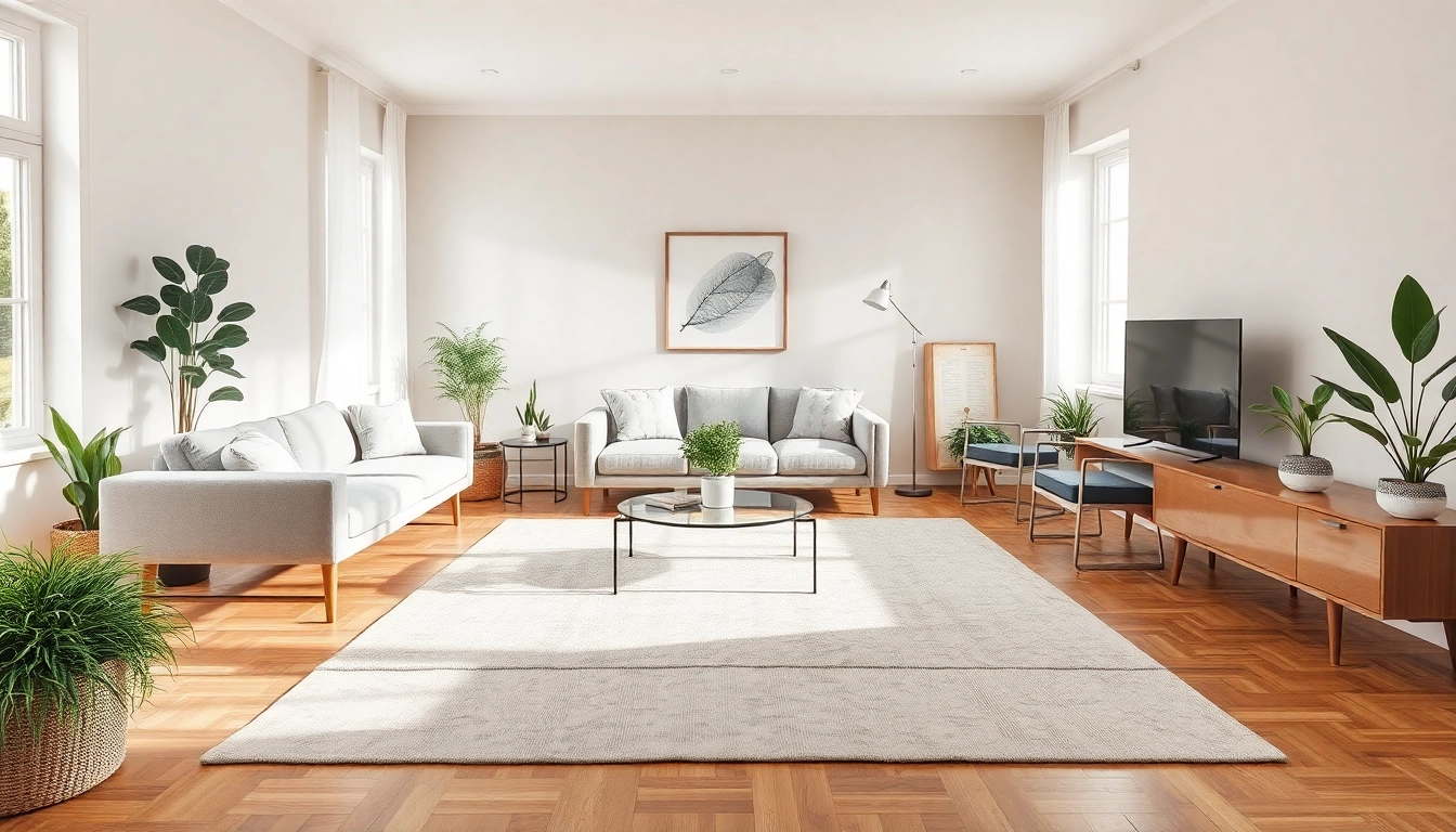 Raumgestaltung mit modernem Wohnzimmer-Interieur in beruhigenden Farben und Pflanzen.
