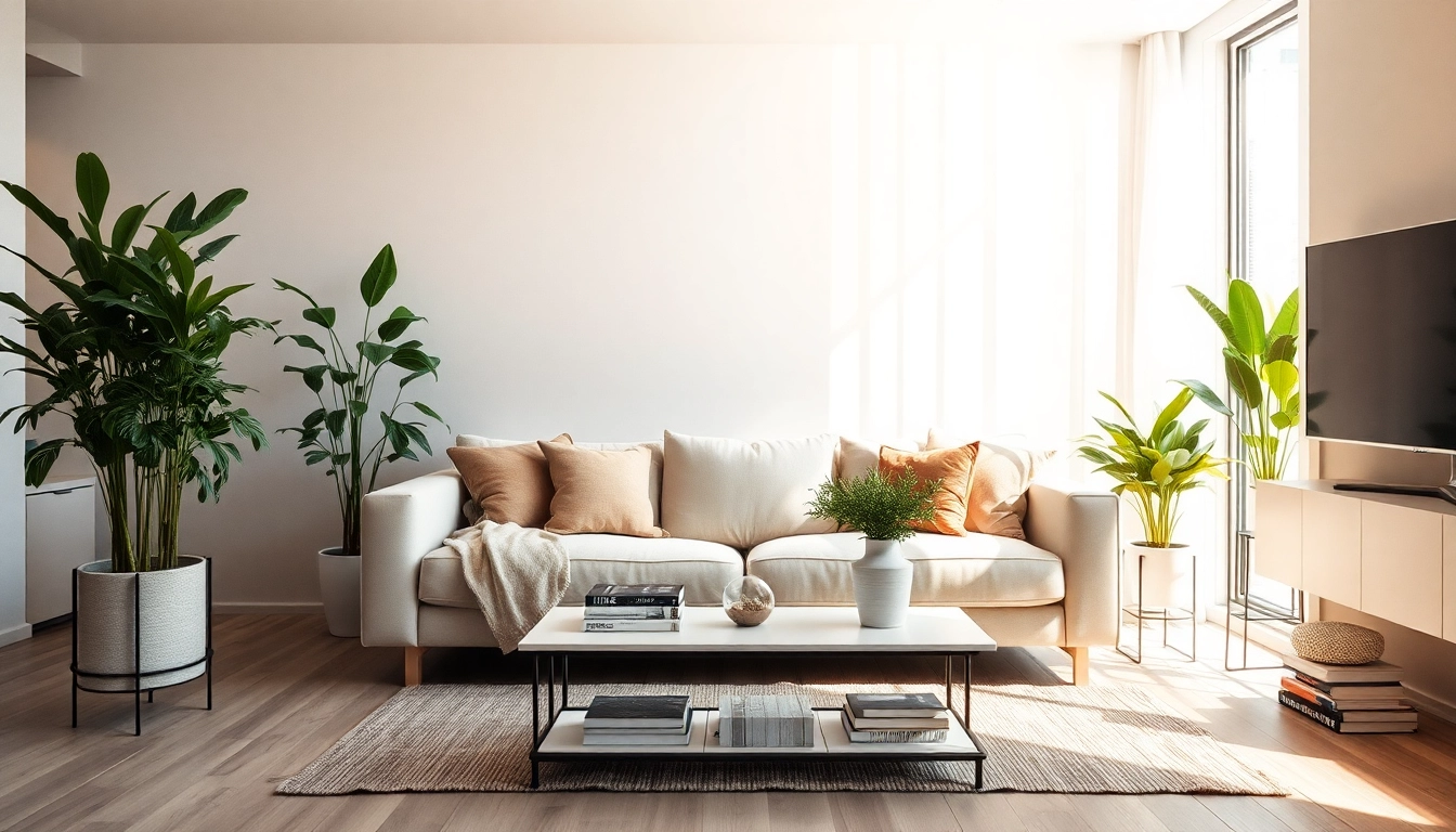 Moderne Raumgestaltung mit eleganter Einrichtung und Pflanzen im Wohnzimmer.