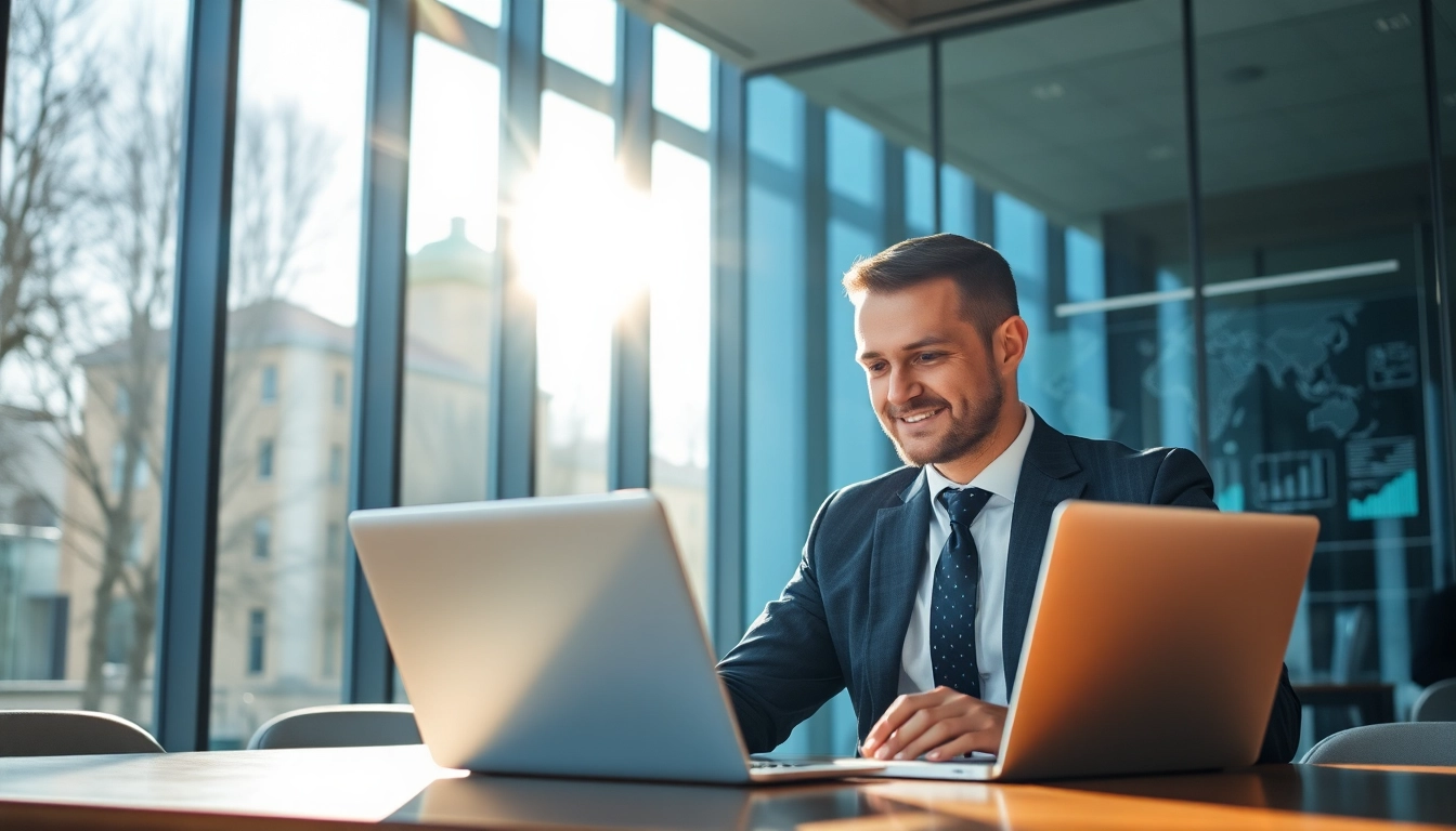 Headhunter München arbeitet konzentriert in modernem Büro, zeigt professionelle Umgebung und Elite-Rekrutierungskompetenz.