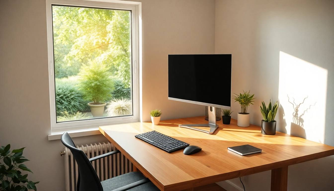 Setzen Sie Ihren PC Windows 10 für effektives Arbeiten ein - Ein eleganter Arbeitsplatz mit moderner Technik und Pflanzenakzenten.