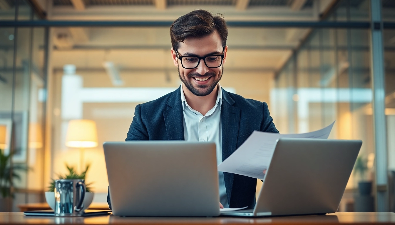 Professioneller Headhunter Finance bei der Arbeit in einem modernen Büro, Laptop und Unterlagen nutzend.