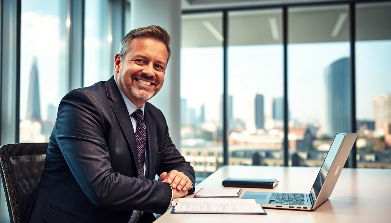 Headhunter Essen im modernen Büro, zuversichtlich am Tisch mit Laptop.