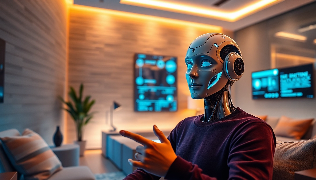 Engaging interaction between a person and an AI sex bot in a modern living space.