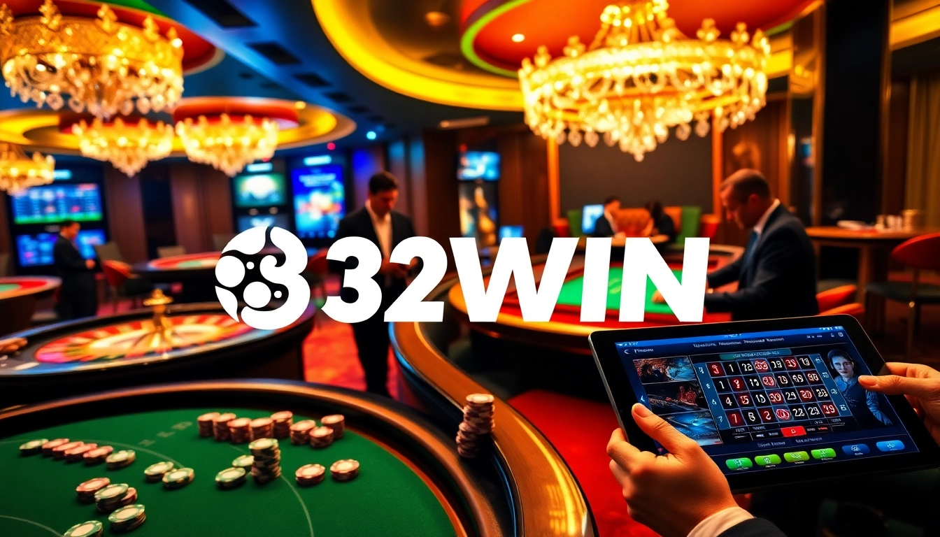 Experience high-stakes gaming at 32WIN with vibrant casino action featuring roulette and poker tables.