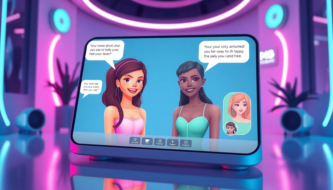 Interactive scene of ai chat nsfw featuring vibrant AI avatars and digital interface.