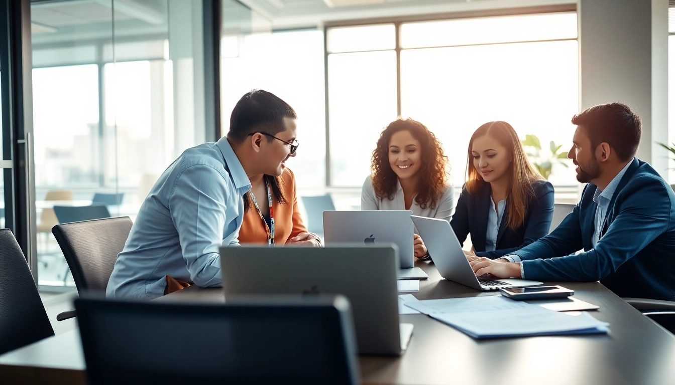 Headhunter IT advising clients in a modern office environment during a recruitment strategy session.