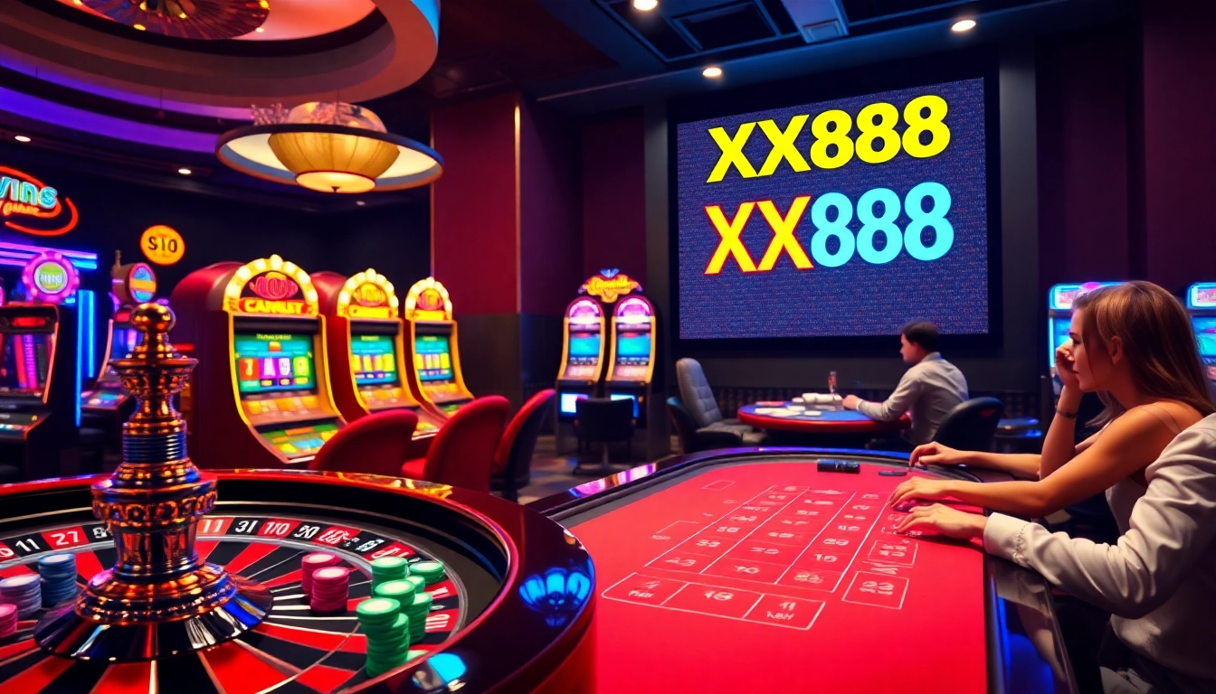 Players enjoying a luxurious casino experience at XX888 with roulette and poker games.