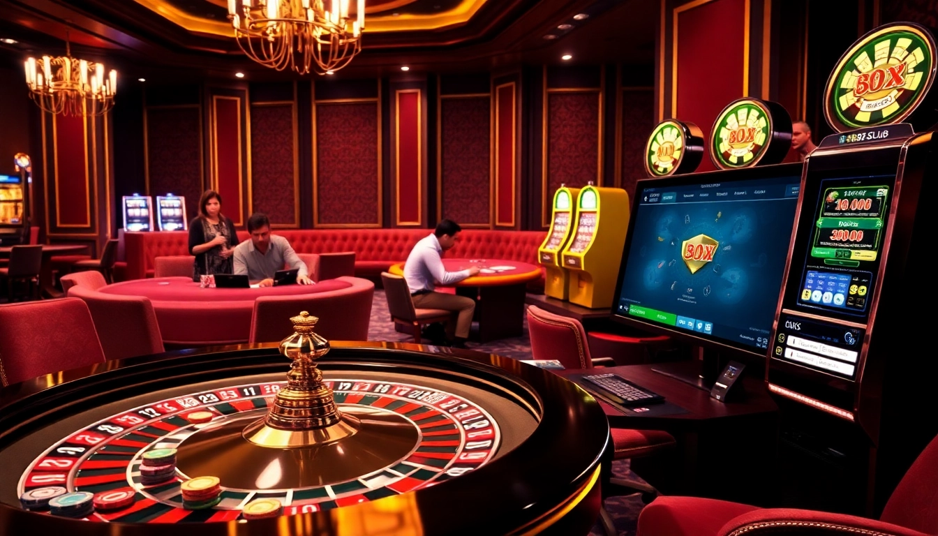 Gamblers enjoying the excitement at the b52 club casino, showcasing gaming tables and vibrant lights.